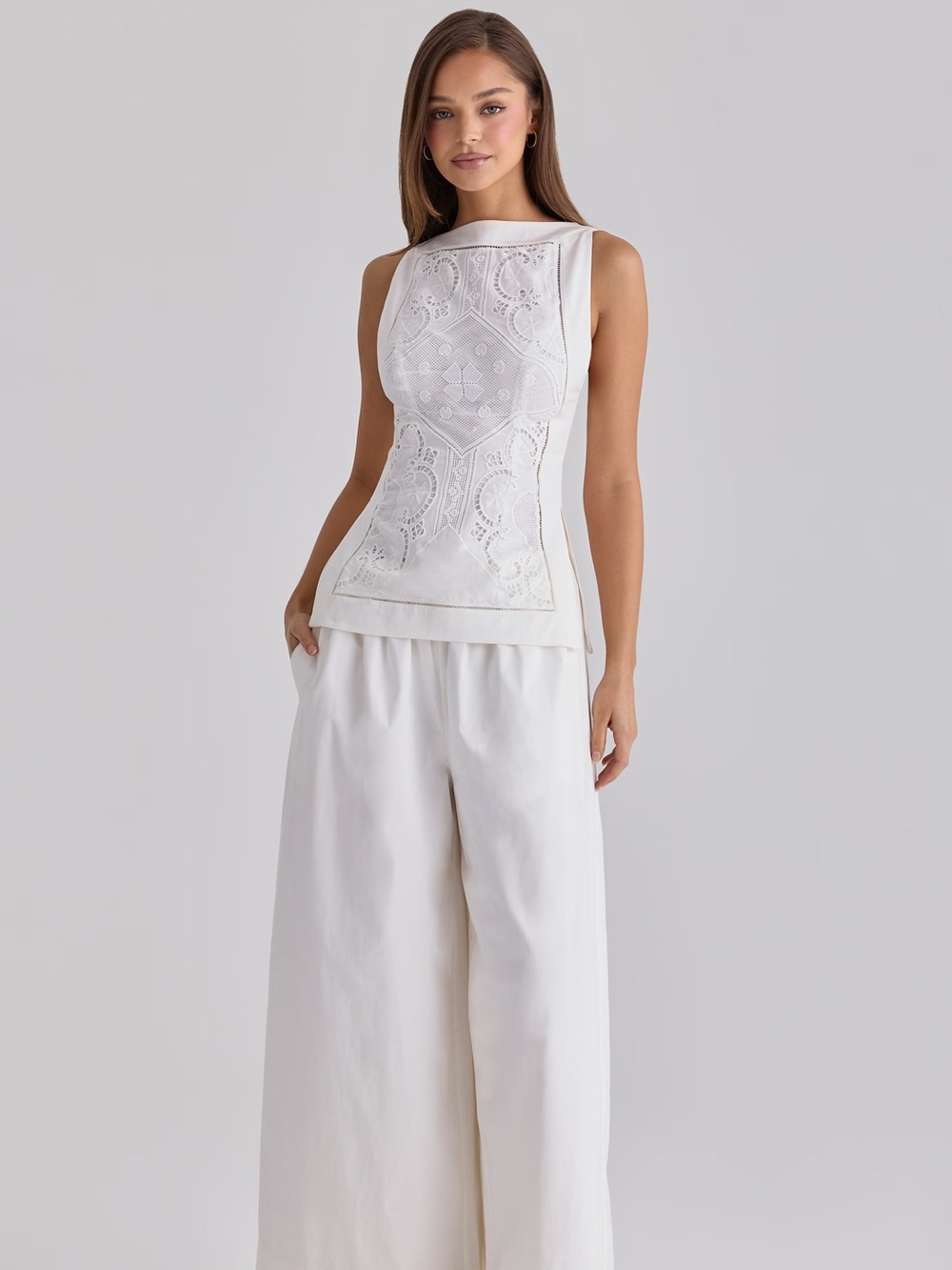 House of CB VALENCIA White Cotton Placement Lace Broderie Anglais Boat Neck Top - Picture 5 of 14